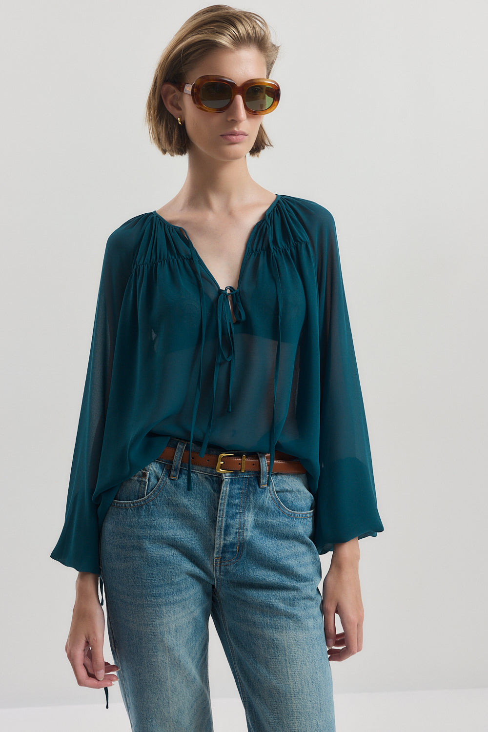 Deep V Semi Sheer Blouse