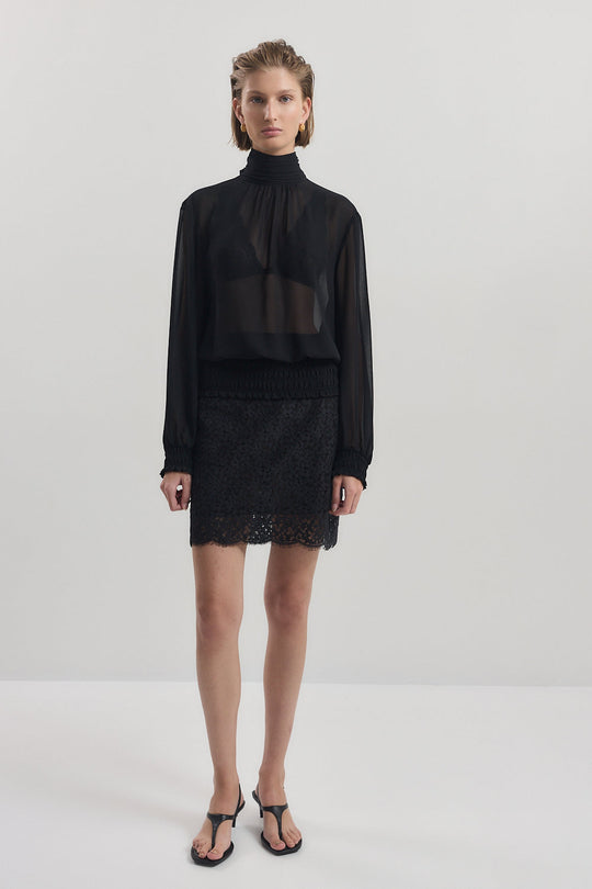Gathered High Neck Sheer Top