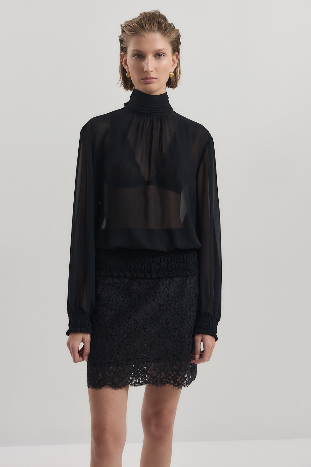 Gathered High Neck Sheer Top