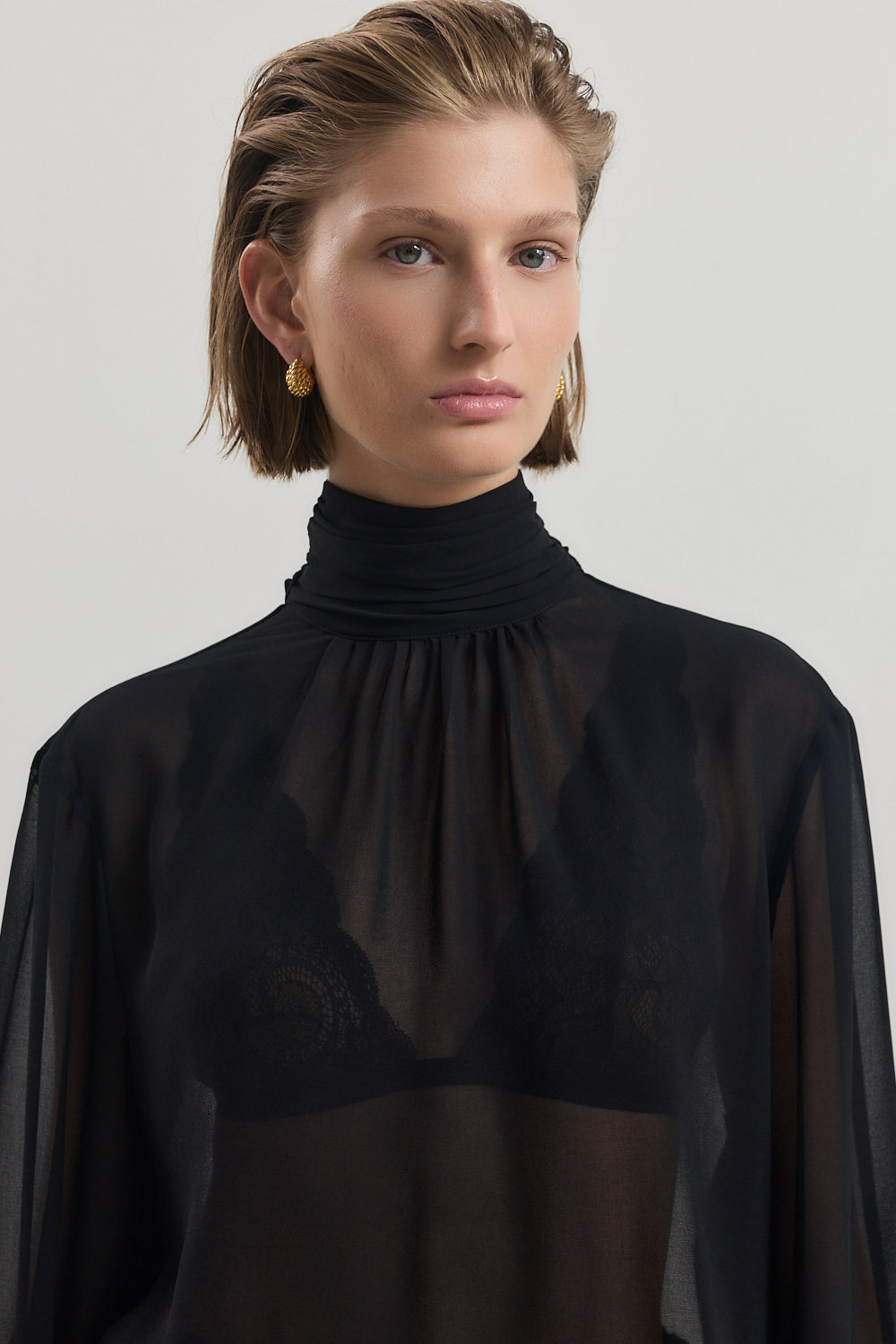 Gathered High Neck Sheer Top