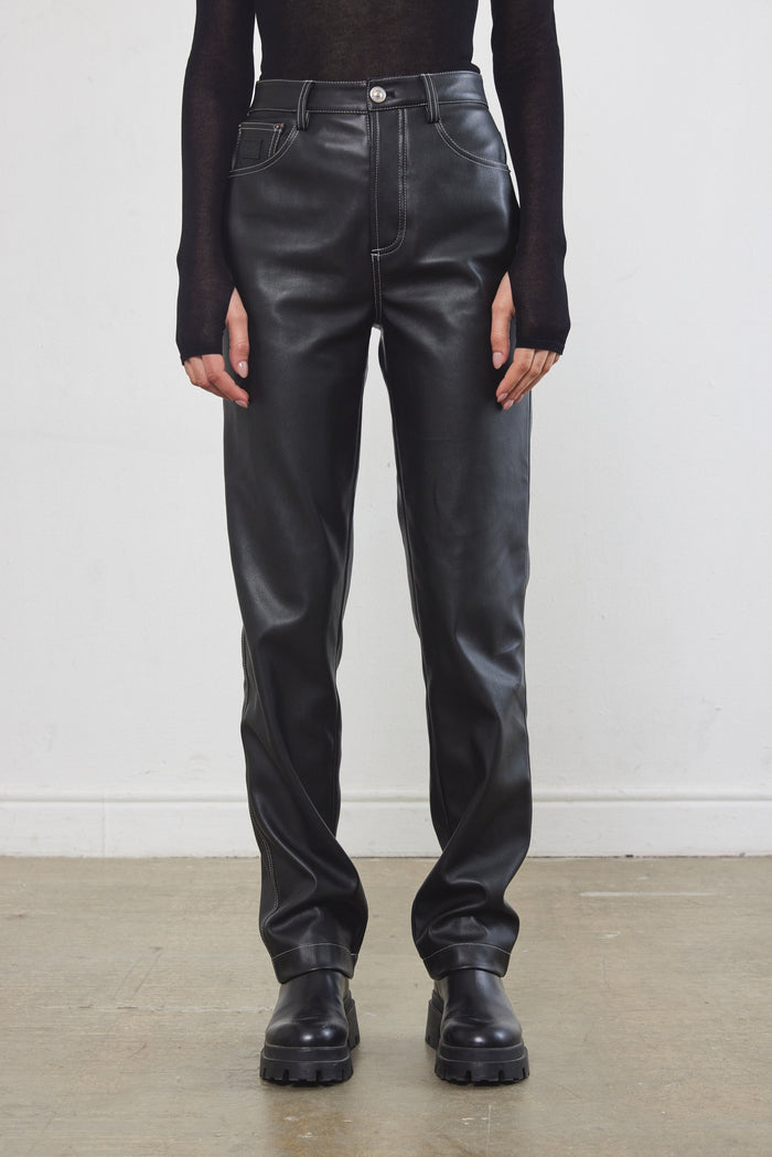 Contrast Vegan Leather Straight Pants