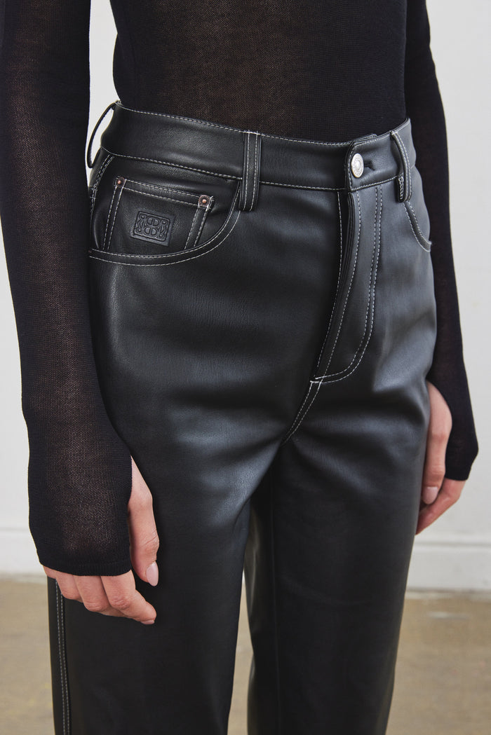 Contrast Vegan Leather Straight Pants