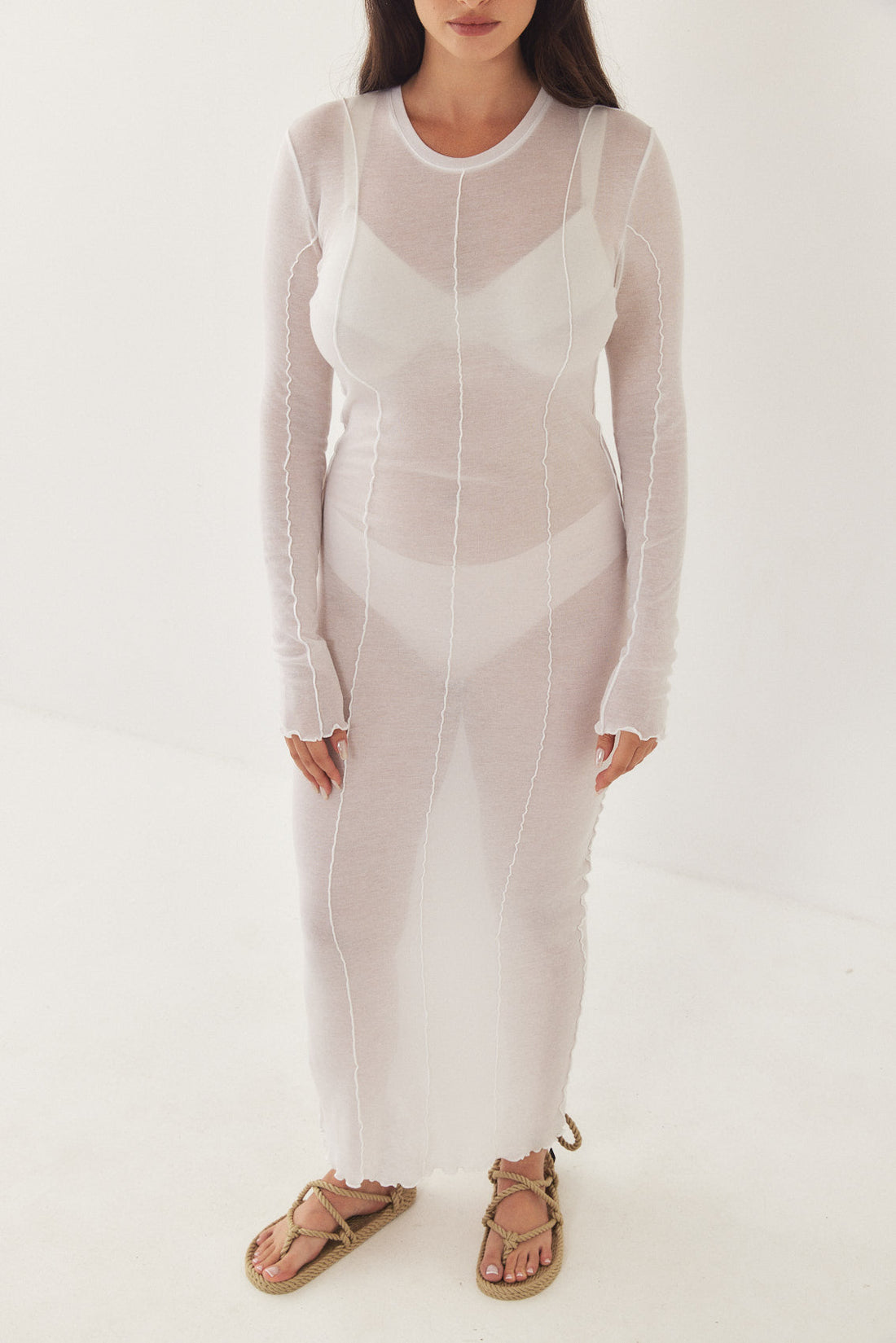 Long Sleeve Maxi Soft Curling Sheer Dress White / S - White - D Rococo Long Sleeve Maxi Soft Curling Sheer Dress White / S - White - D Rococo